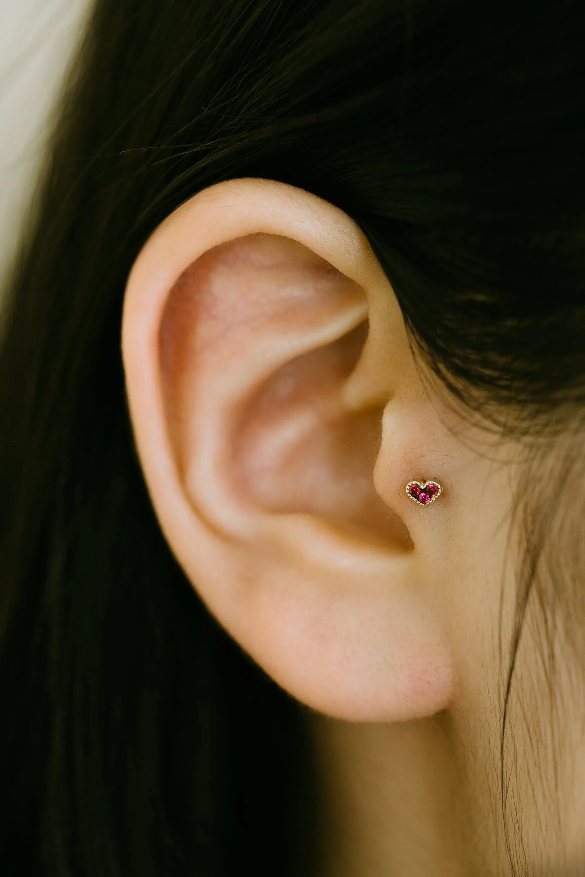 14K Real Gold Minimalist Delicate Ruby Cz Heart Forward Helix Cartilage Tragus Inner Conch Ear Stud Post Internally Threaded Earring Labret Jewelry