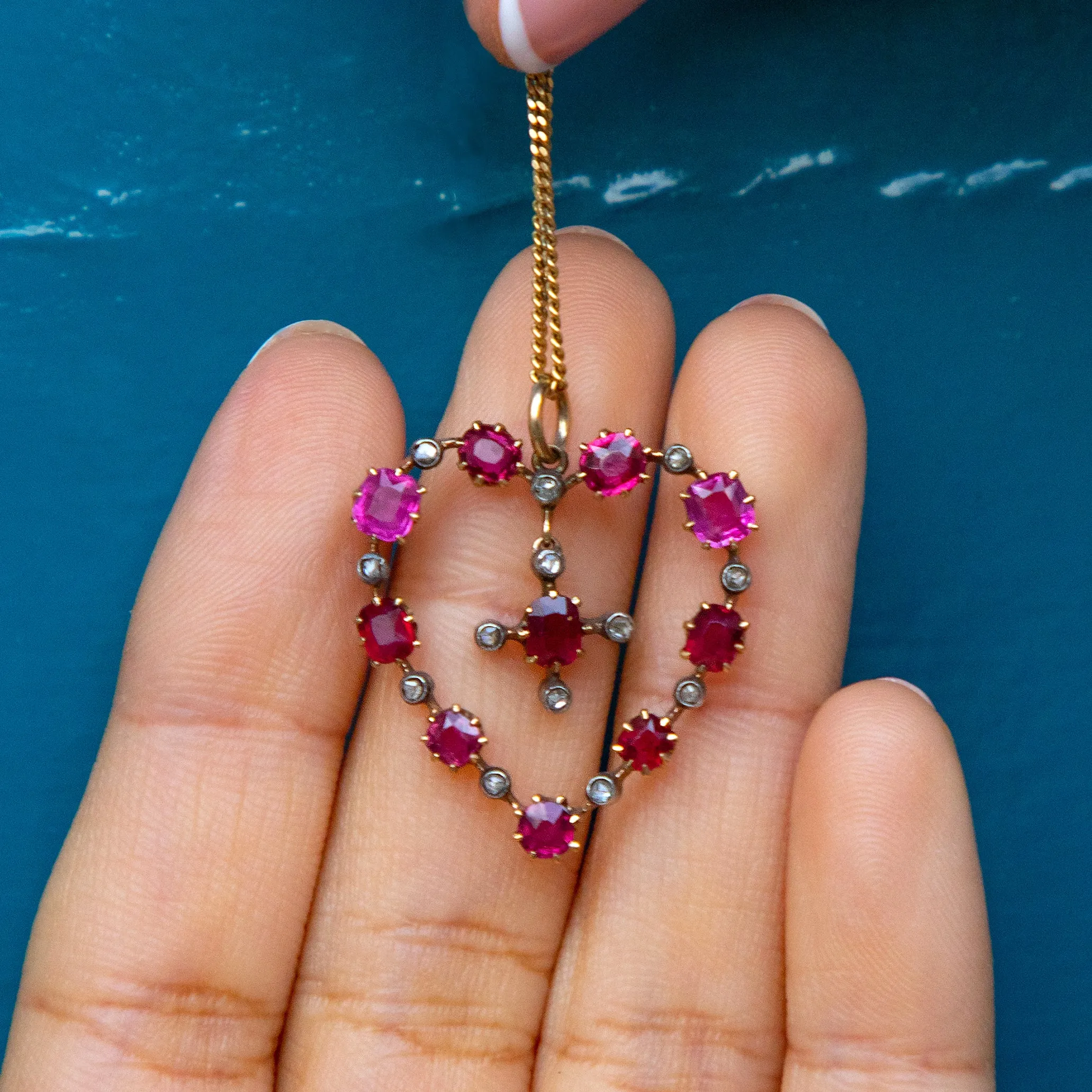 Antique 18ct Gold Ruby Diamond Heart Pendant, 2.34ct Rubies