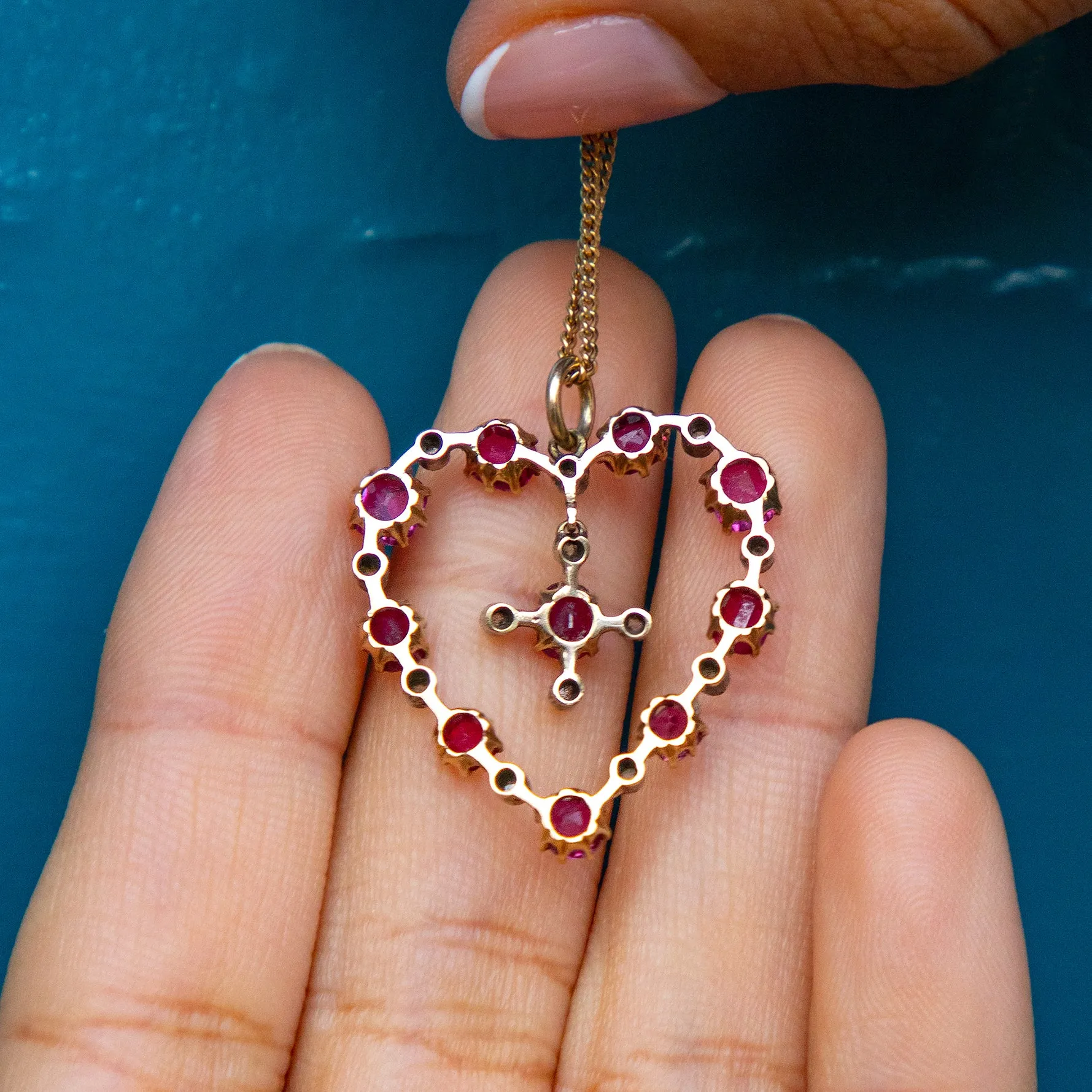 Antique 18ct Gold Ruby Diamond Heart Pendant, 2.34ct Rubies