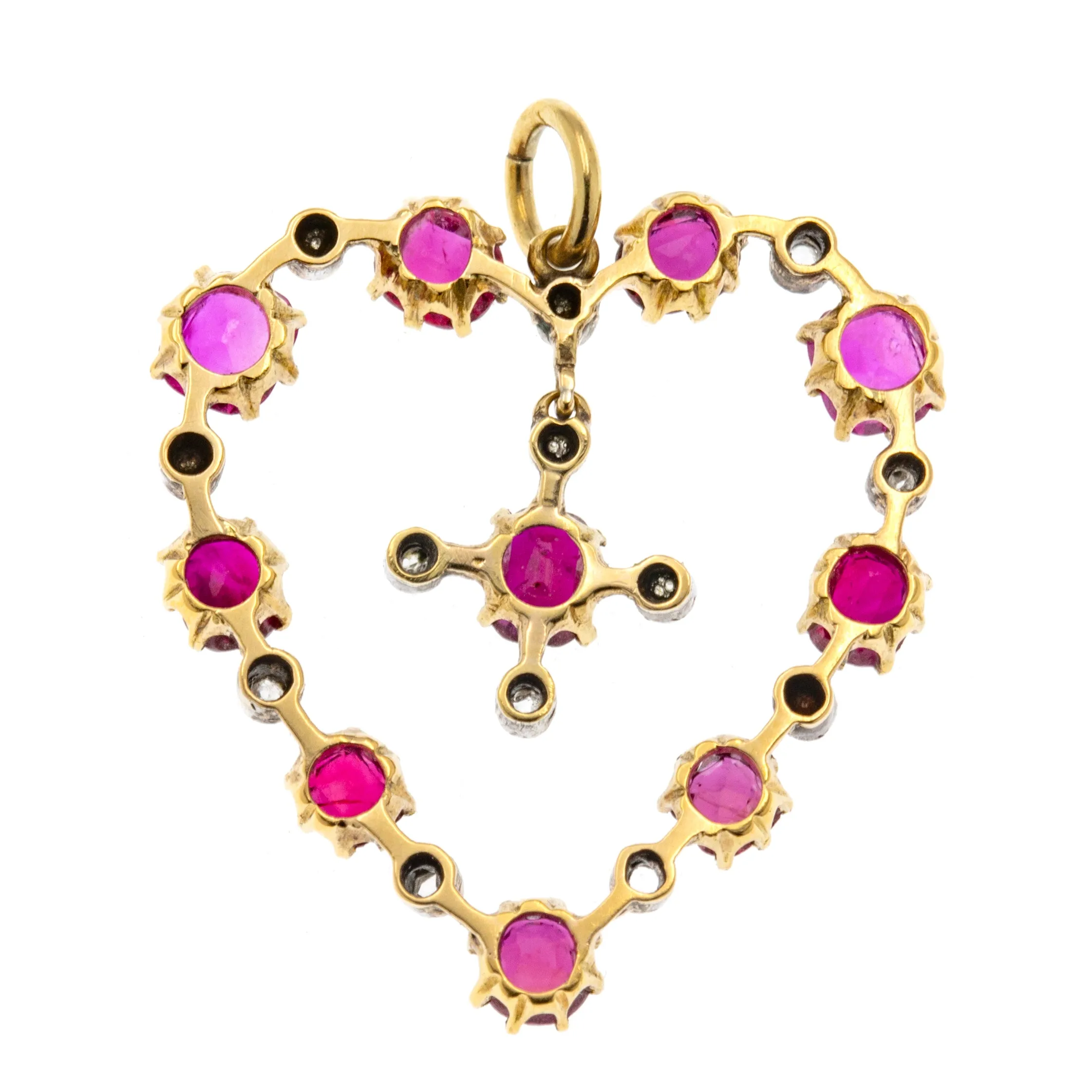 Antique 18ct Gold Ruby Diamond Heart Pendant, 2.34ct Rubies