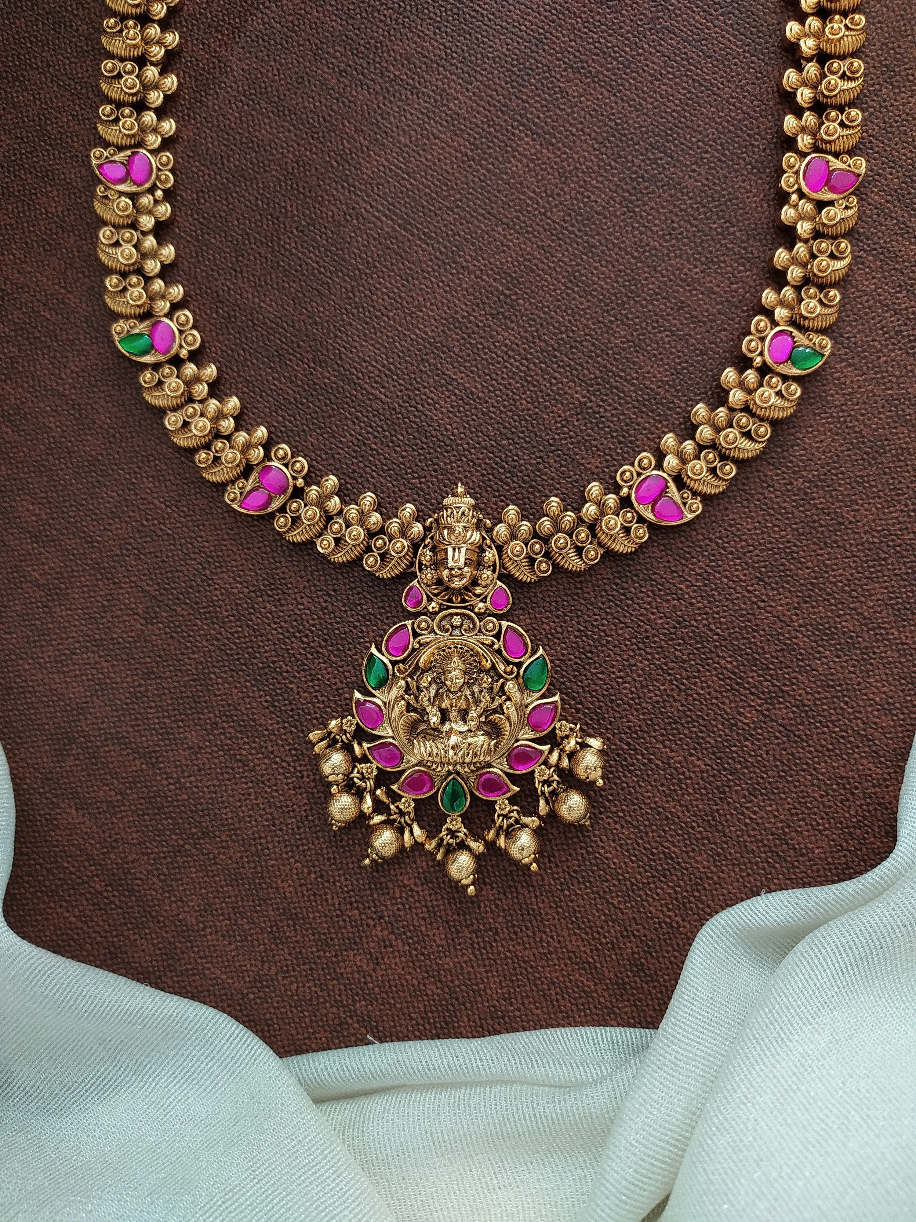 Antique Copperish Finish Long Haram Set with Nakshi & Jadau Kundan Work and Lakshmi Pendant