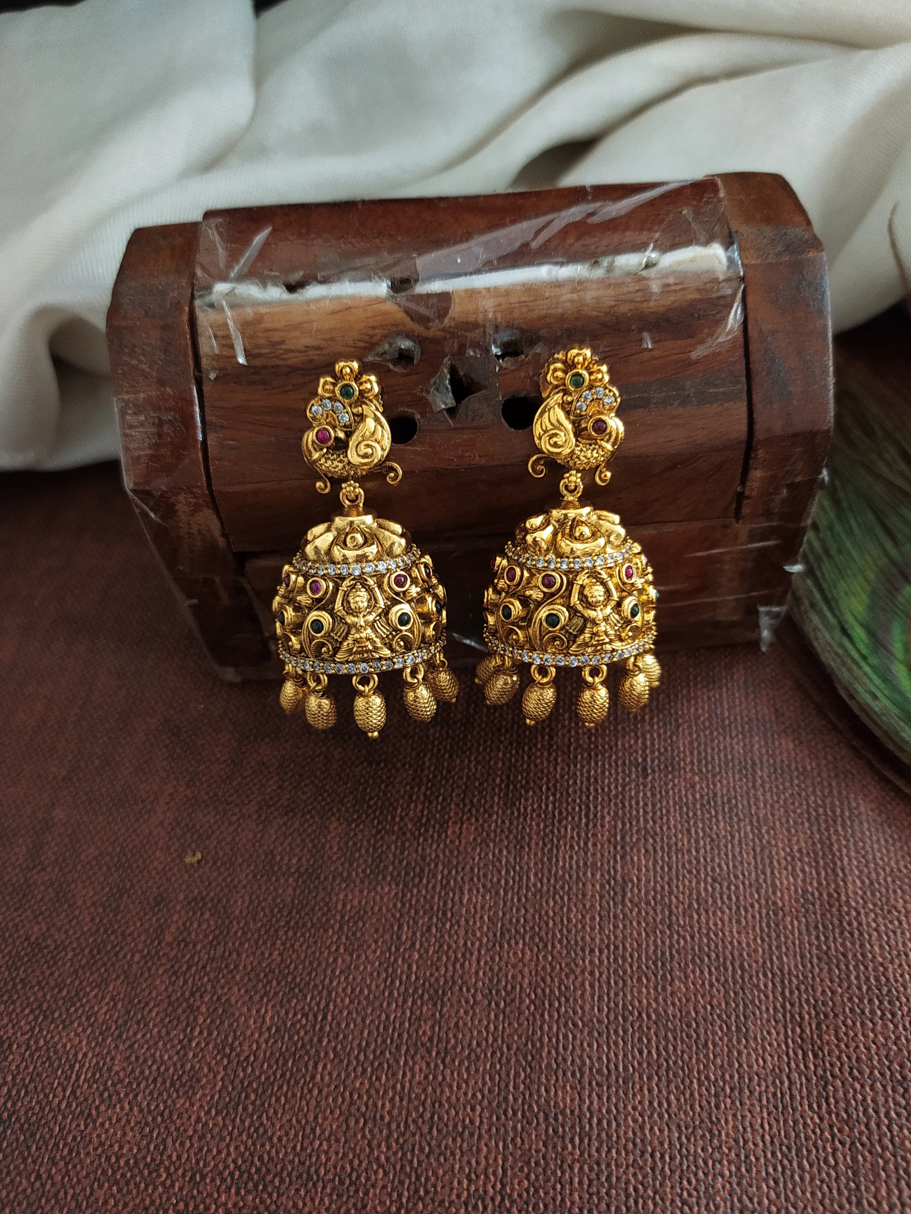 Antique Lakshmi Long Haram Set with Nagas Work and Zircon Stones