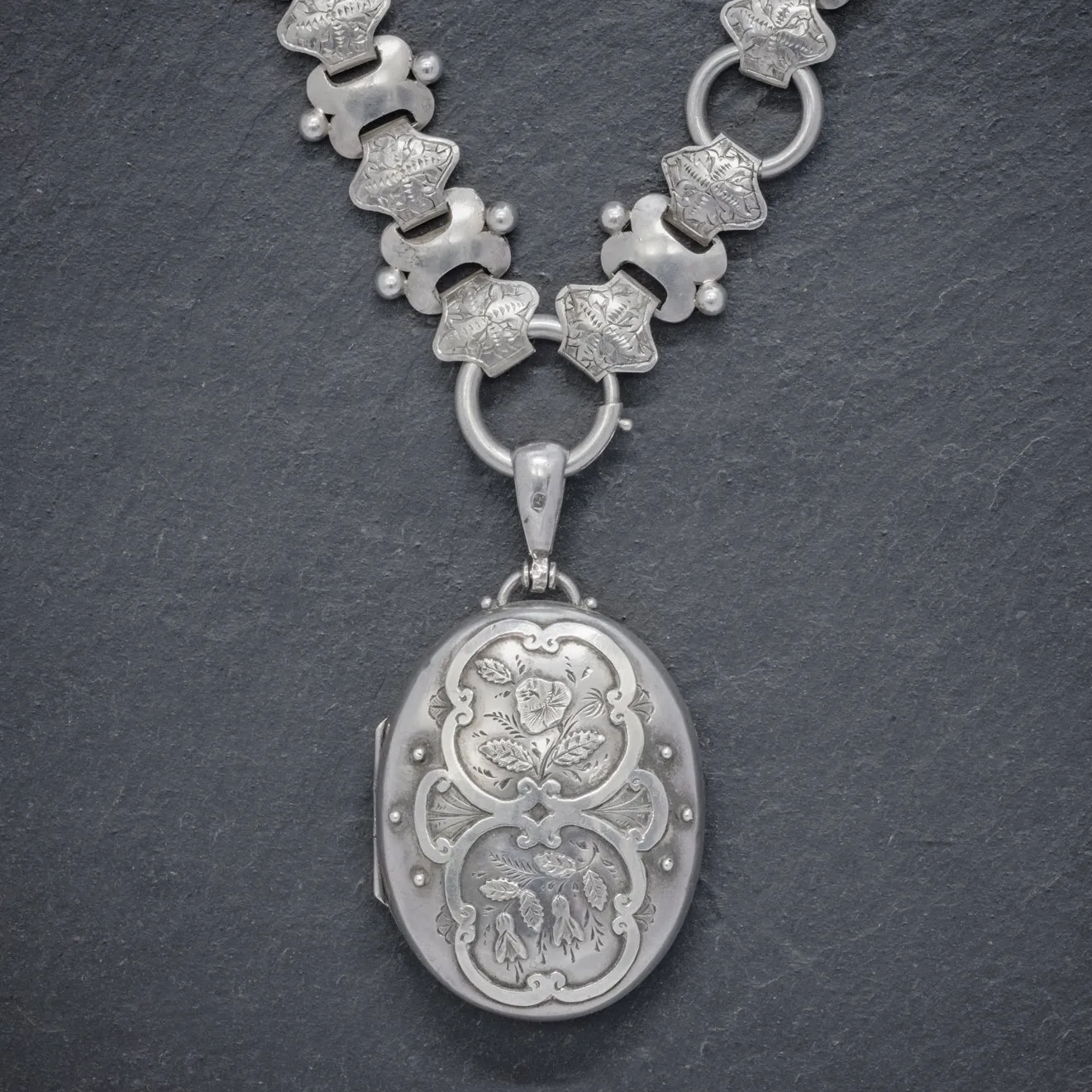 Antique Victorian Sterling Silver Locket Collar Necklace Dated 1876