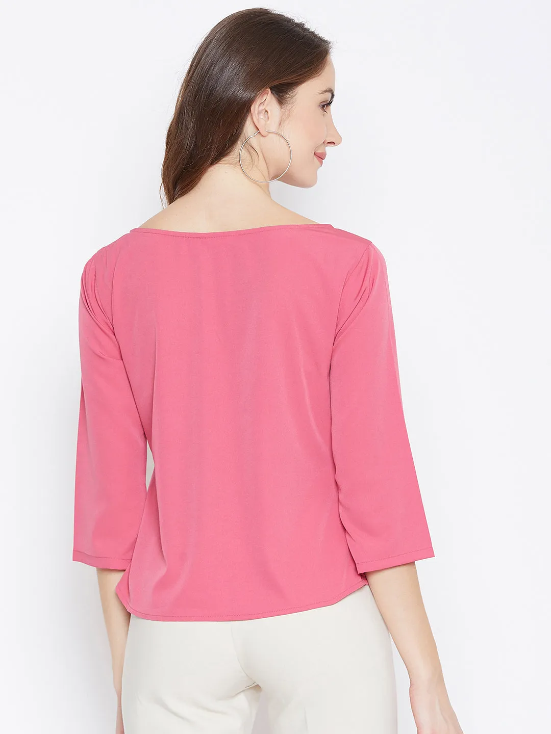 Berrylush Women Solid Pink Boat Neck Three-Quarter Sleeve Waist Tie-Up Top
