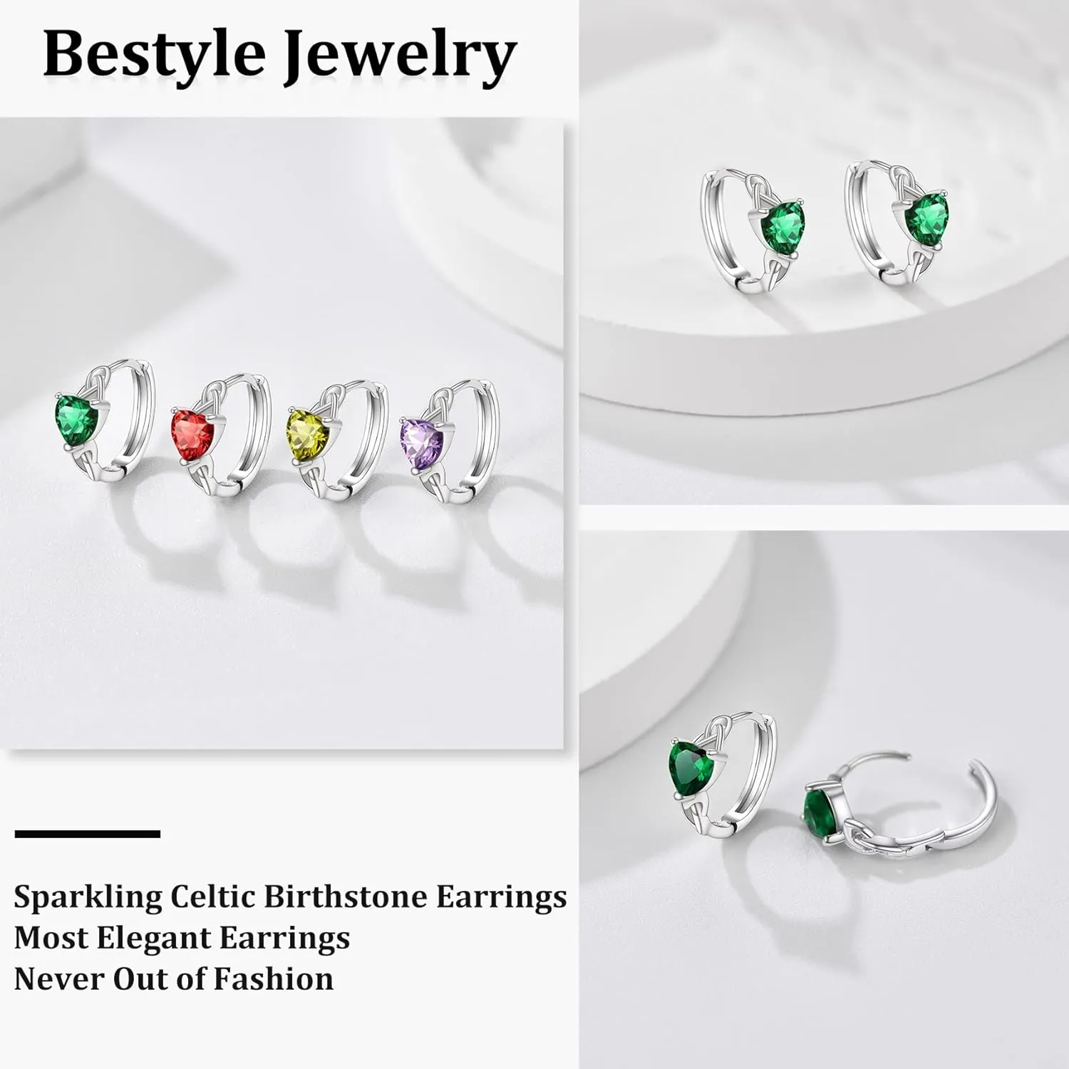 Bestyle Sterling Silver Celtic Earrings with Birthstone for Women, Hoop/Cross/Heart/Celtic Knot Celtic Birthstone Earrings for Women, Great Birthday Gift