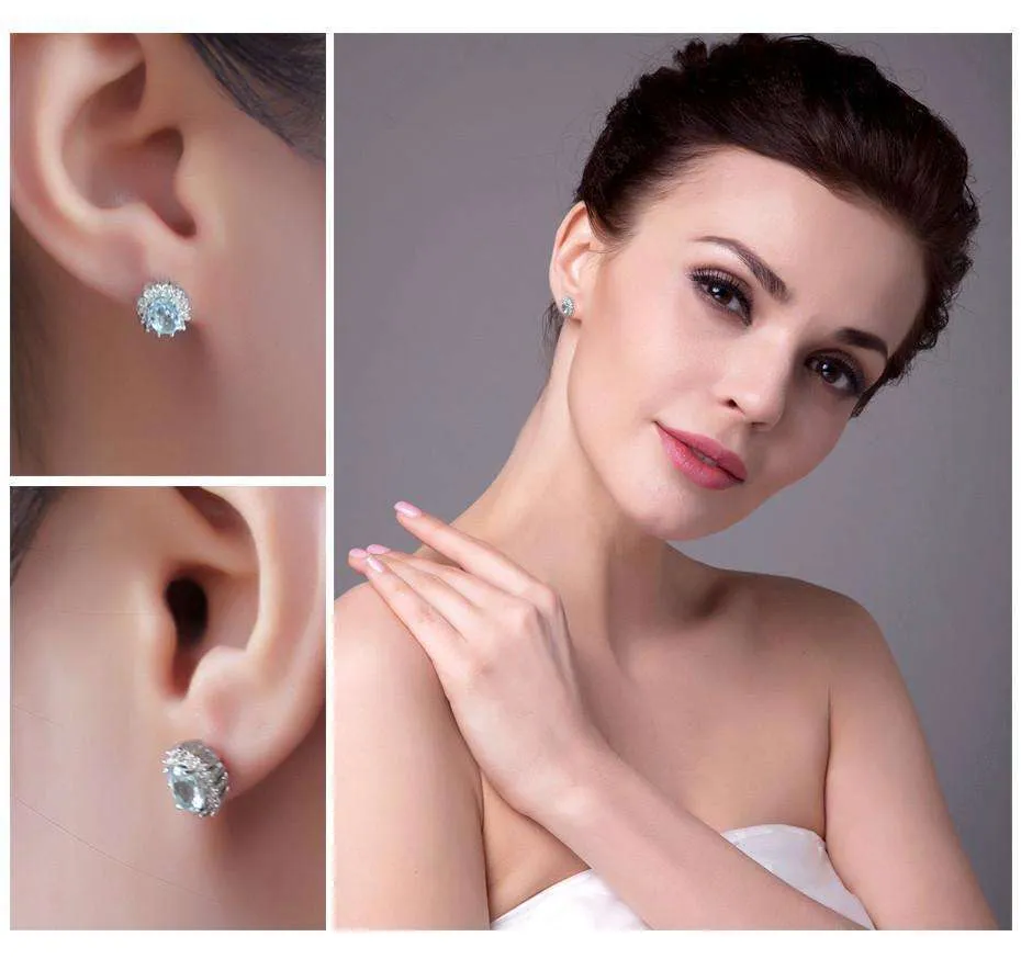 French Blue Halo 1CTW Genuine Topaz IOBI Precious Gems 925 Sterling Silver Earrings