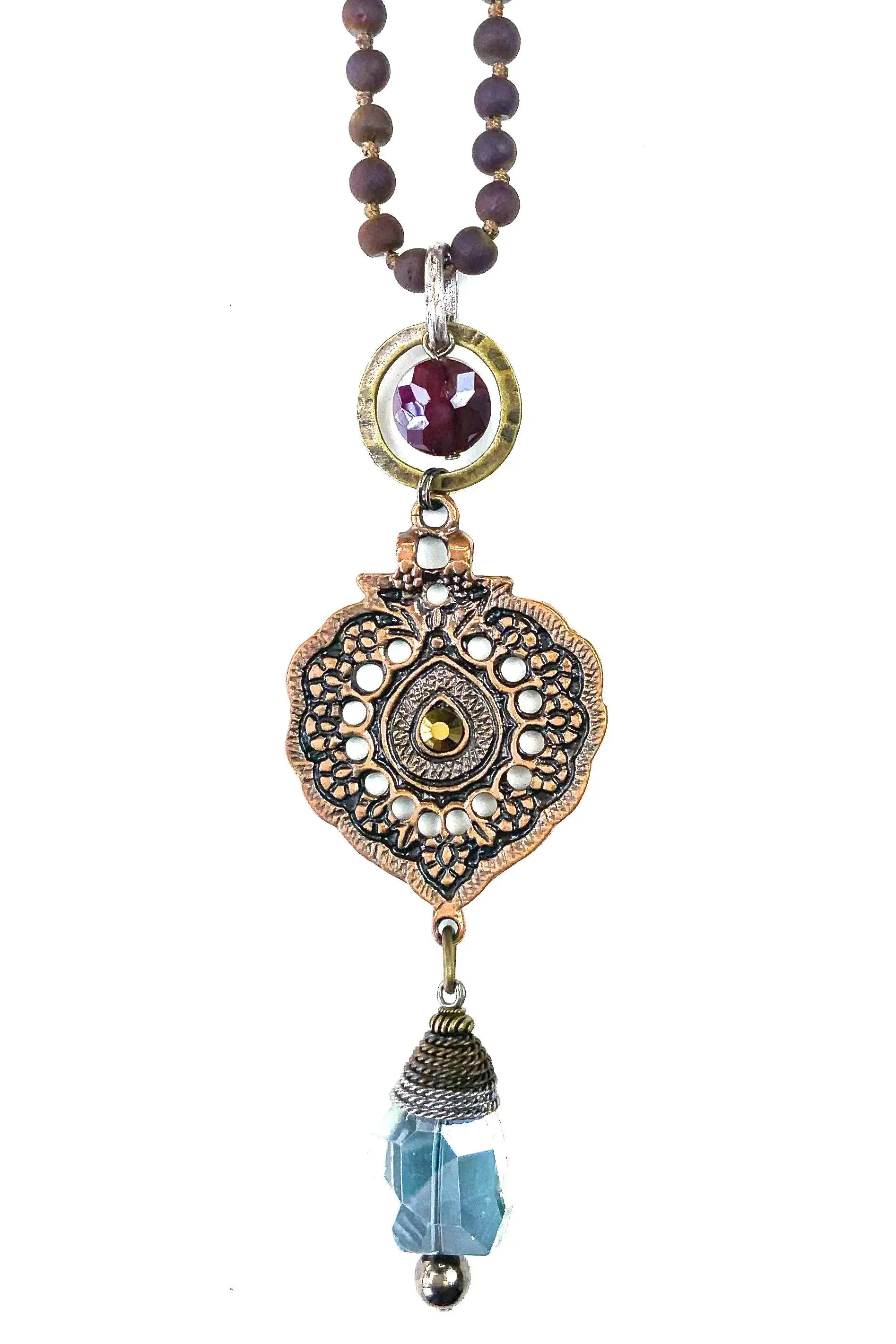 Lost And Found Aurora Collection Purple Beaded And Silver Chain With Filigree Pendant Drop