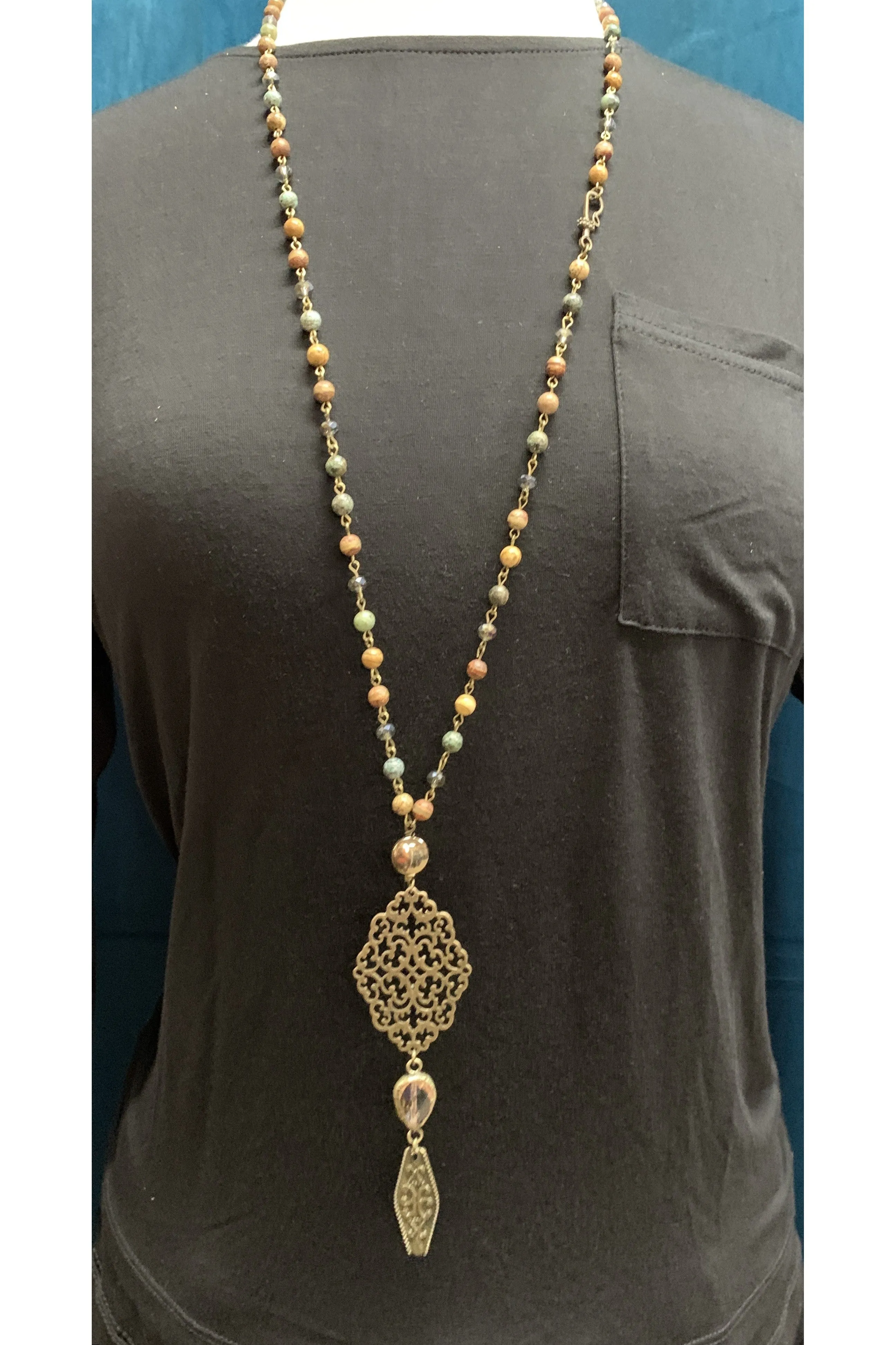 Lost And Found Bead And Crystal Long Necklace With Filigree Charm And Crystal Dangle