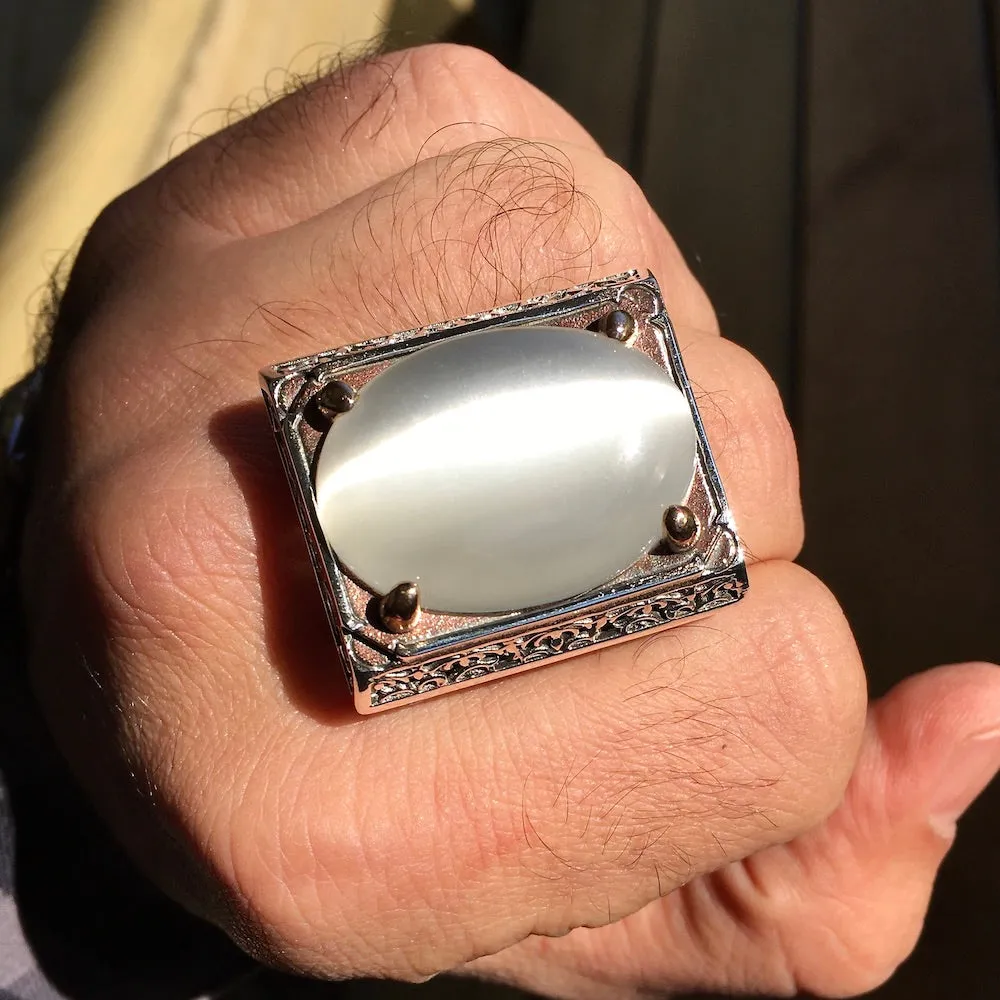 Mens Ring White Moonstone Cats Eye Big Heavy Sterling Silver Turkish Designer Handmade