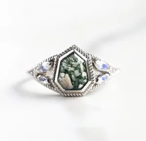 Moss Agate Engagement Ring With Moonstones