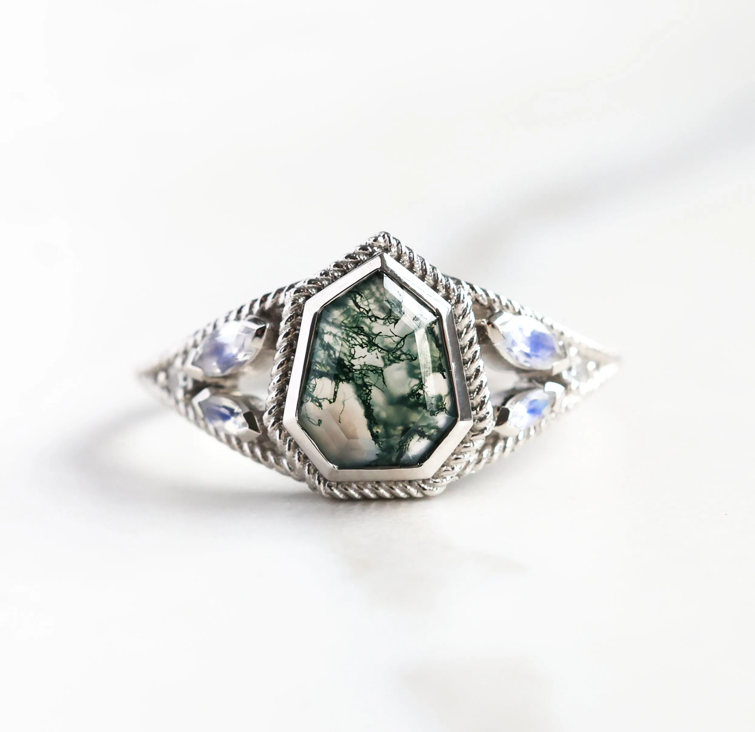 Moss Agate Engagement Ring With Moonstones