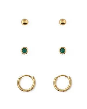 ORELIA - Emerald Stud & Hoop Earrings 3 Pack