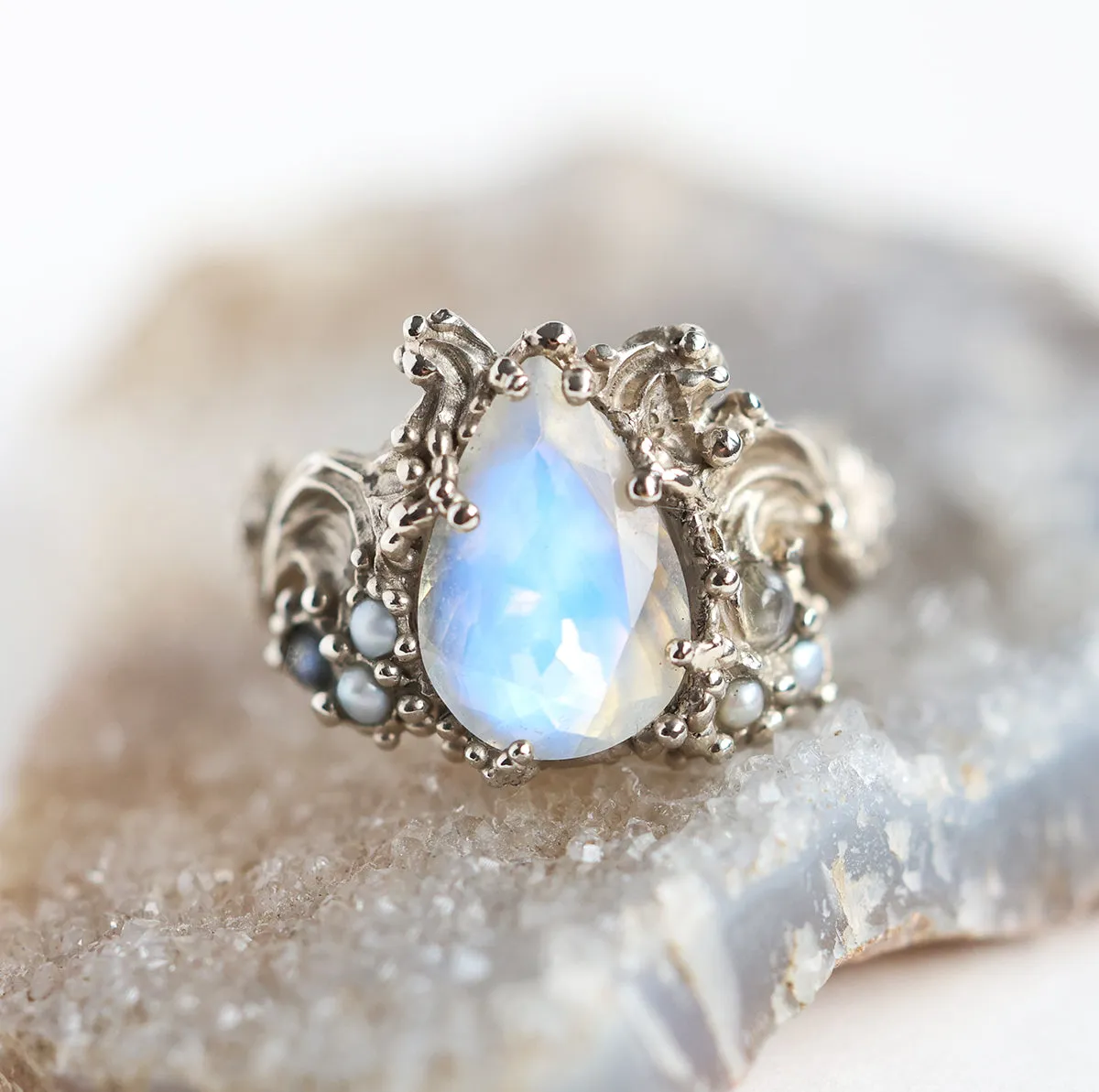 Pear Moonstone Ring, Floral Vintage Style Moonstone Engagement Ring With Pearls