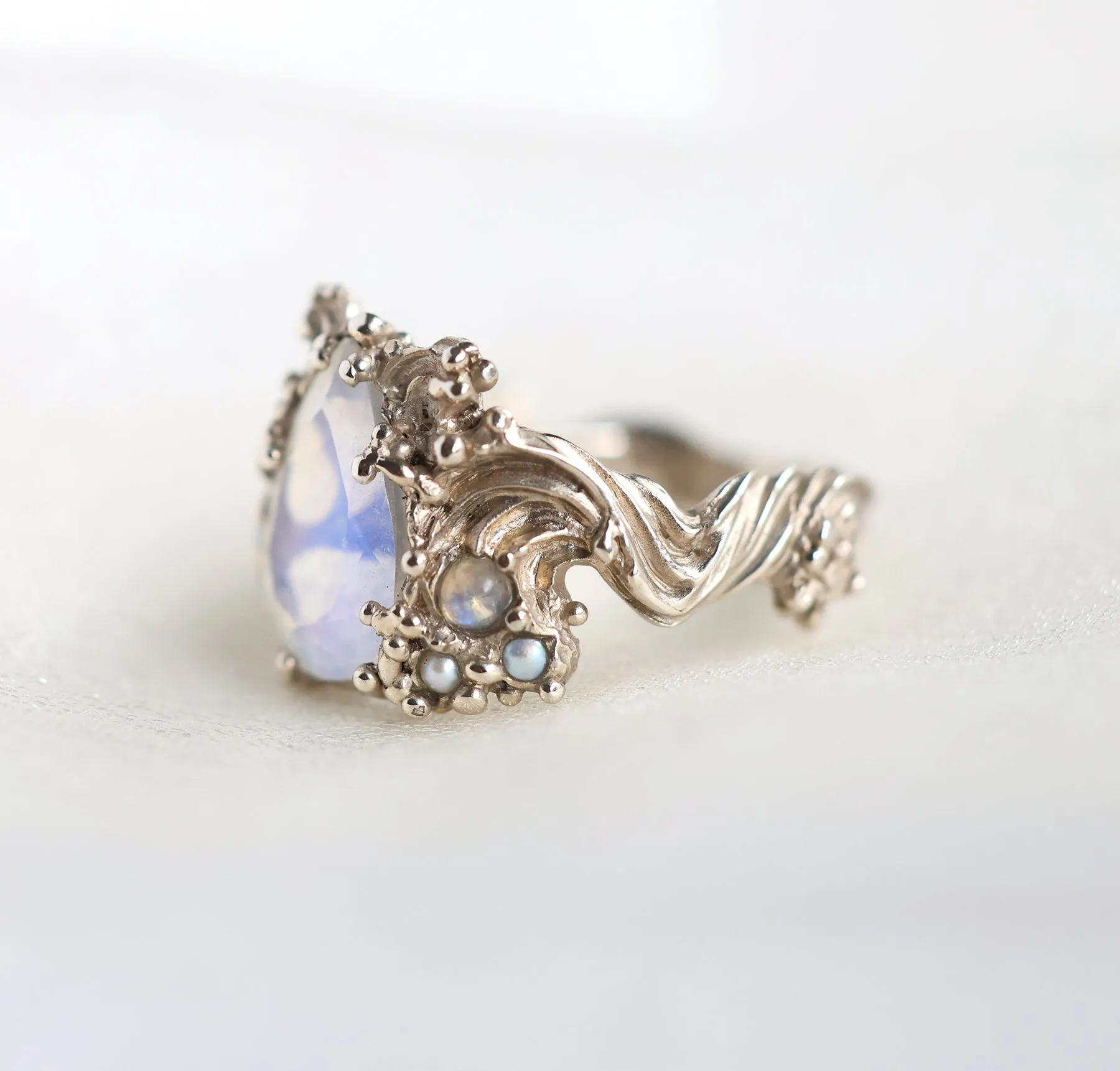 Pear Moonstone Ring, Floral Vintage Style Moonstone Engagement Ring With Pearls