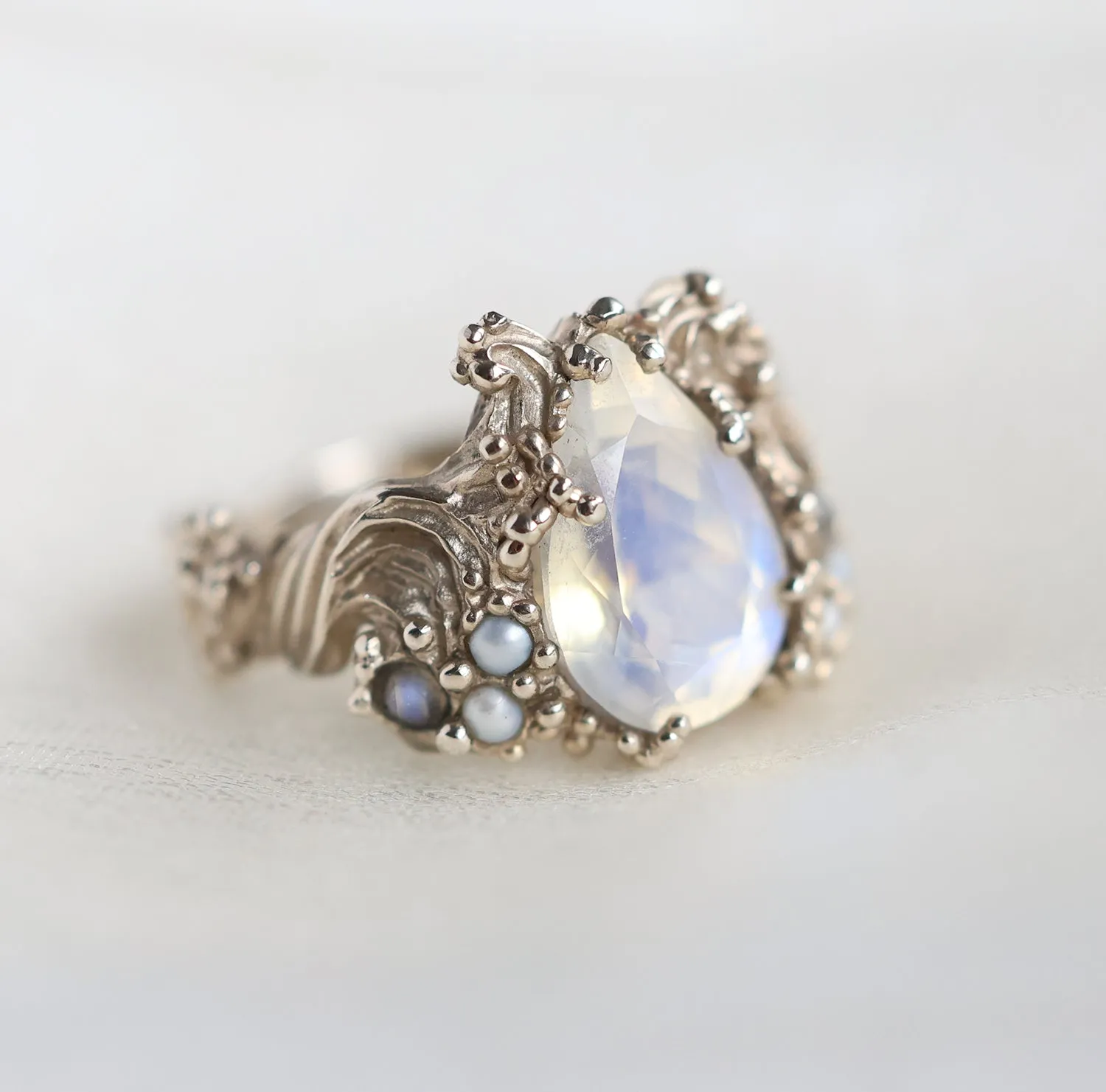 Pear Moonstone Ring, Floral Vintage Style Moonstone Engagement Ring With Pearls