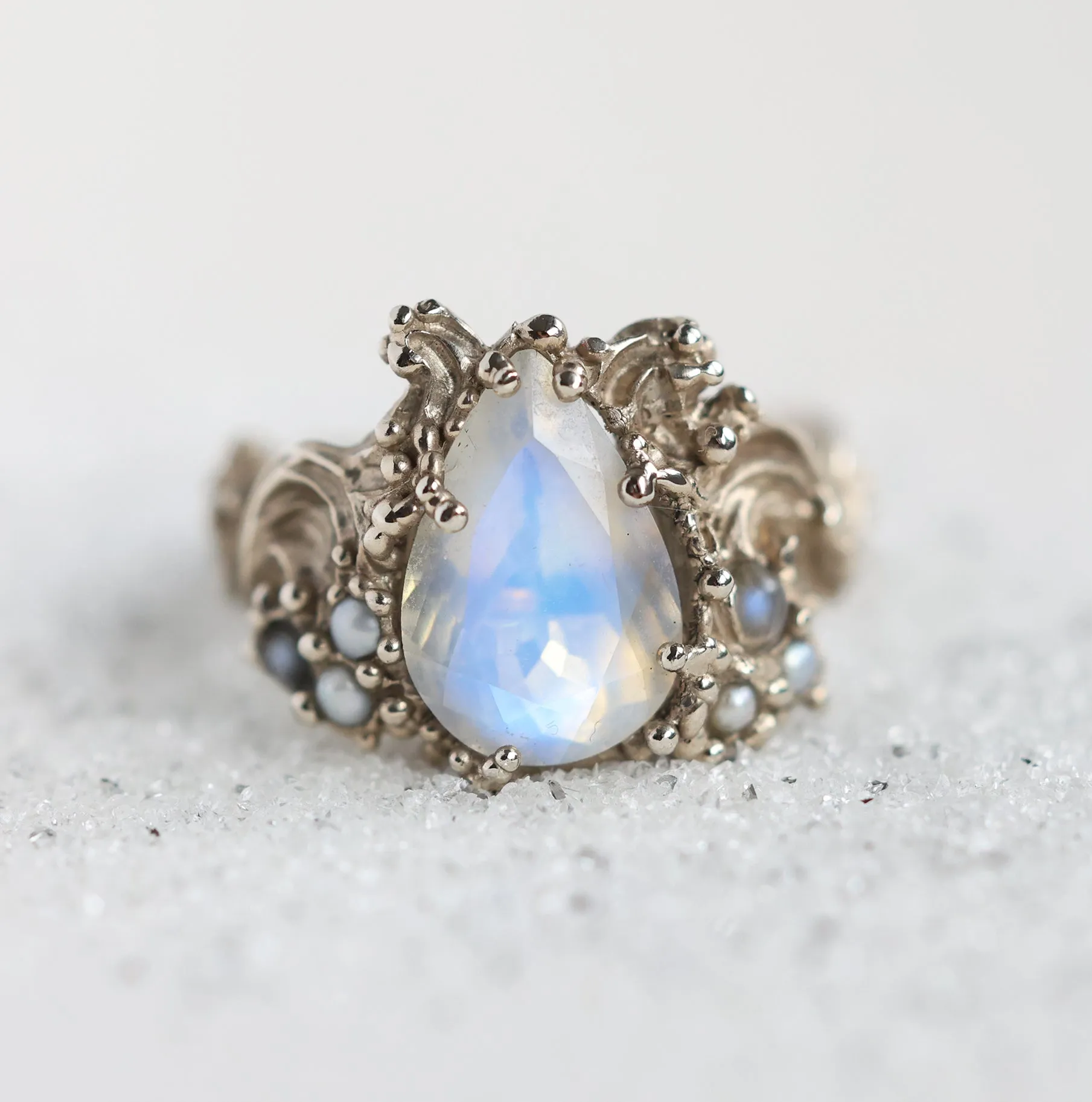 Pear Moonstone Ring, Floral Vintage Style Moonstone Engagement Ring With Pearls