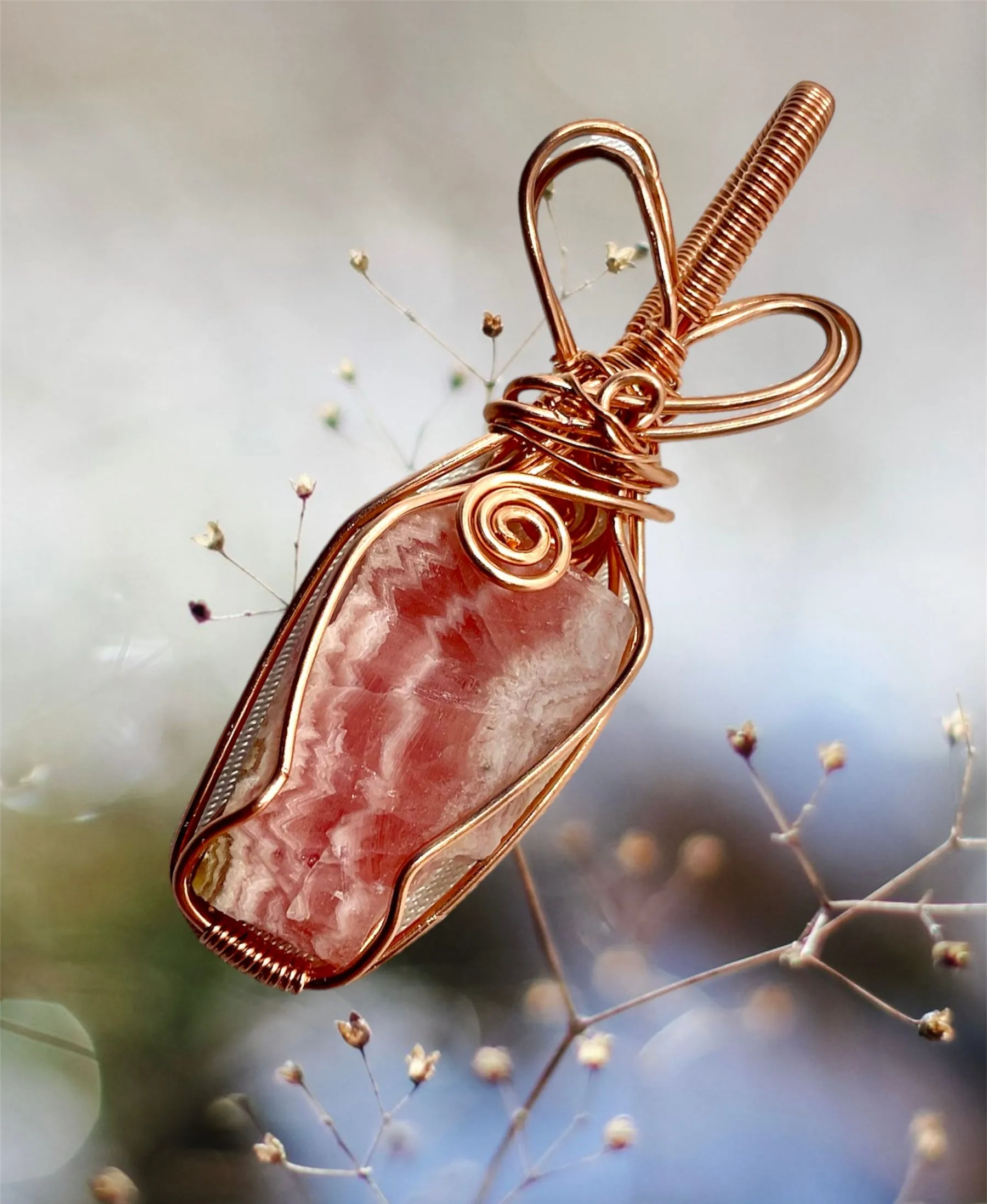 Rhodochrosite Raw Stone Wire Wrapped Pendant
