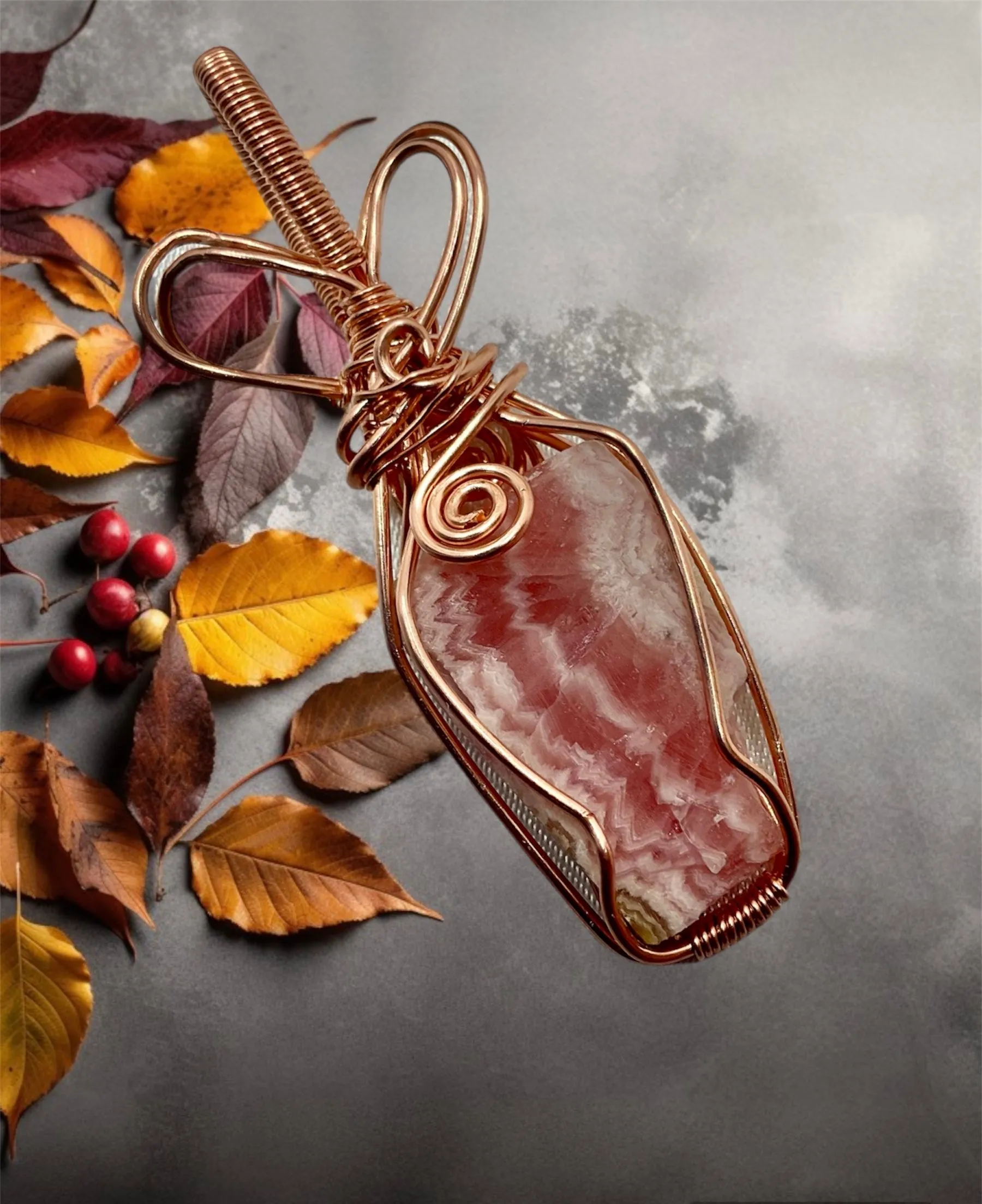 Rhodochrosite Raw Stone Wire Wrapped Pendant