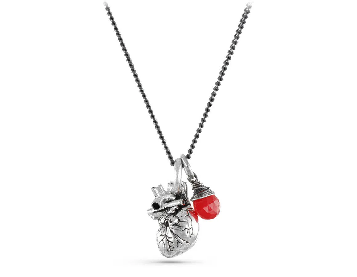 Small Anatomical Heart Necklace with Ruby - Silver