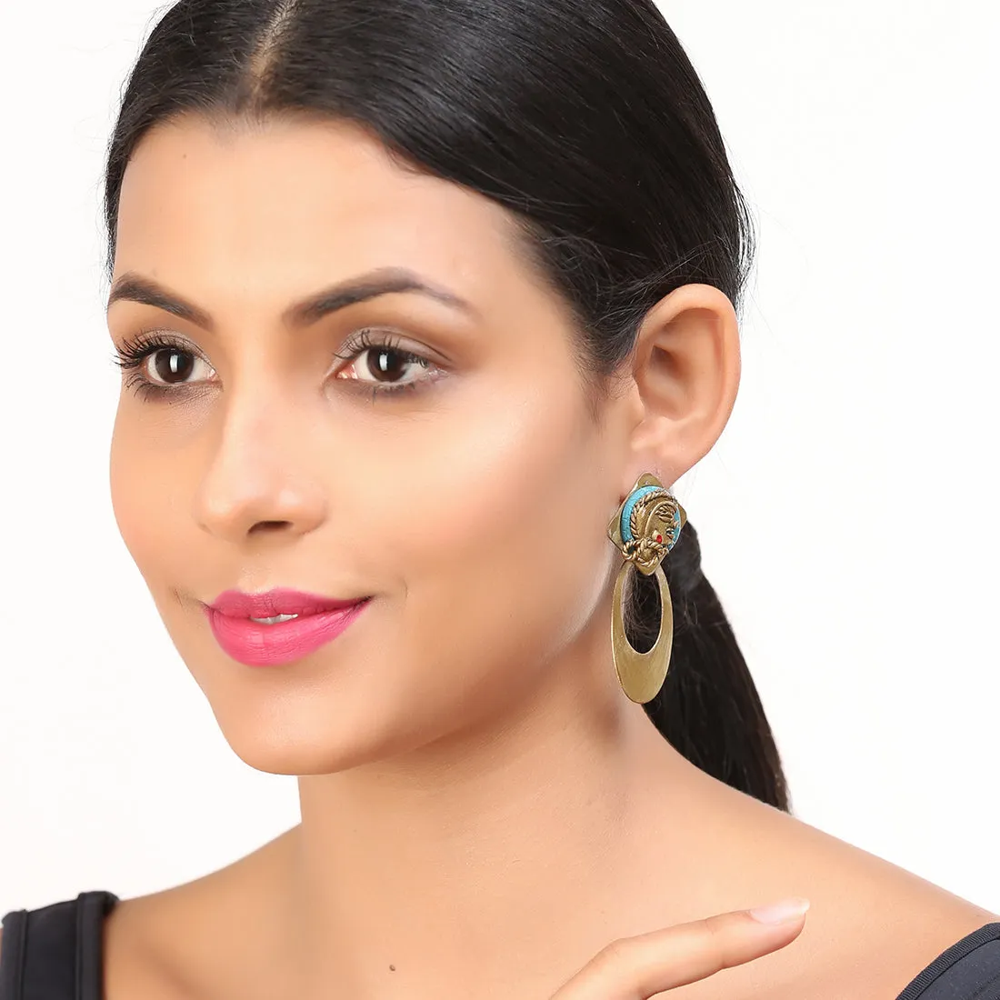 'Tribal Girl Faces' Bohemian Brass Earrings Handcrafted In Dhokra Art