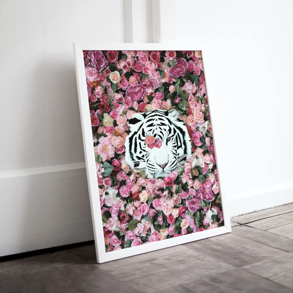 White Tiger Around Pink Roses Poster INSTANT DOWNLOAD Art Print, Glam Decor, Luxury Fashion Poster, White Tiger Poster, Pink Aesthetic Posters