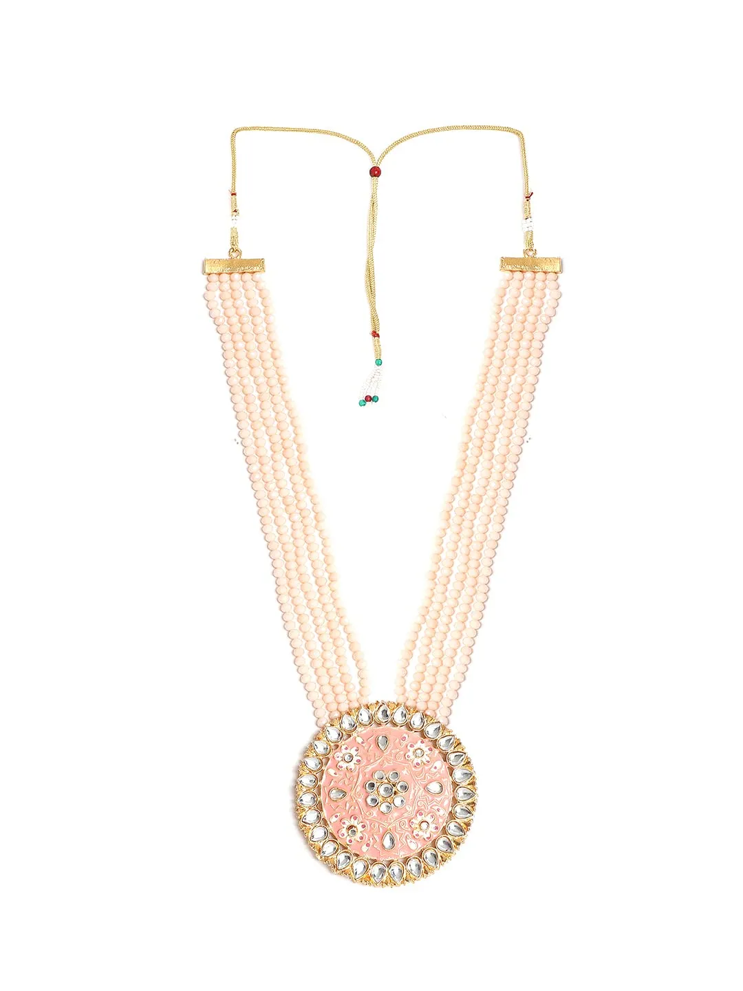 Yellow Chimes Kundan Jewellery Set for Women Traditional Peach Beads Meenakari Worked Gold Plated Long Necklace Set for Women and Girls.